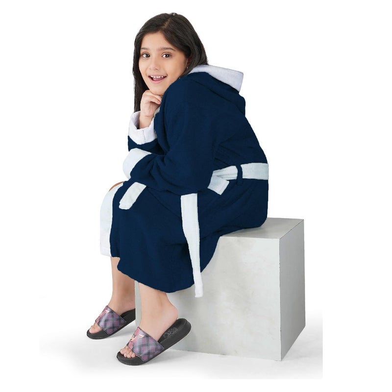 Rangoli Noble 100% Cotton Terry Kids Bathrobe 400 GSM - Navy Blue Hooded Bathrobe for Girls (7-8 Years) - Image 1