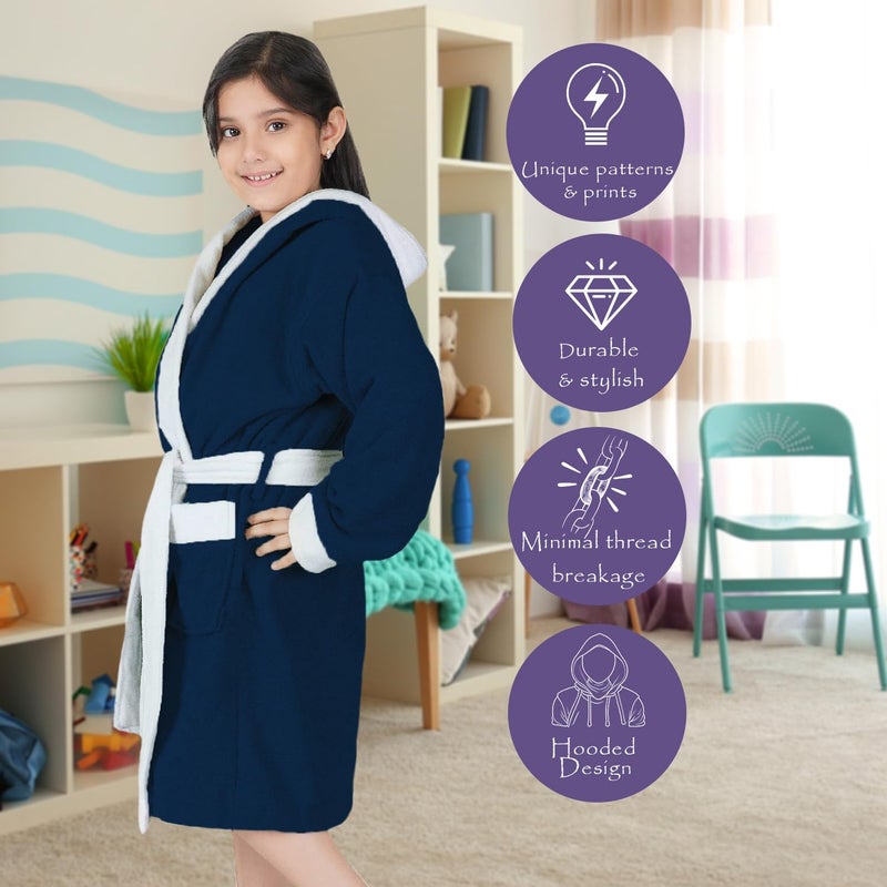 Rangoli Noble 100% Cotton Terry Kids Bathrobe 400 GSM - Navy Blue Hooded Bathrobe for Girls (7-8 Years) - Image 3