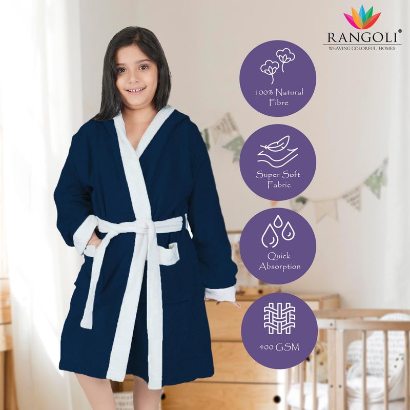 Rangoli Noble 100% Cotton Terry Kids Bathrobe 400 GSM - Navy Blue Hooded Bathrobe for Girls (7-8 Years) - Image 2