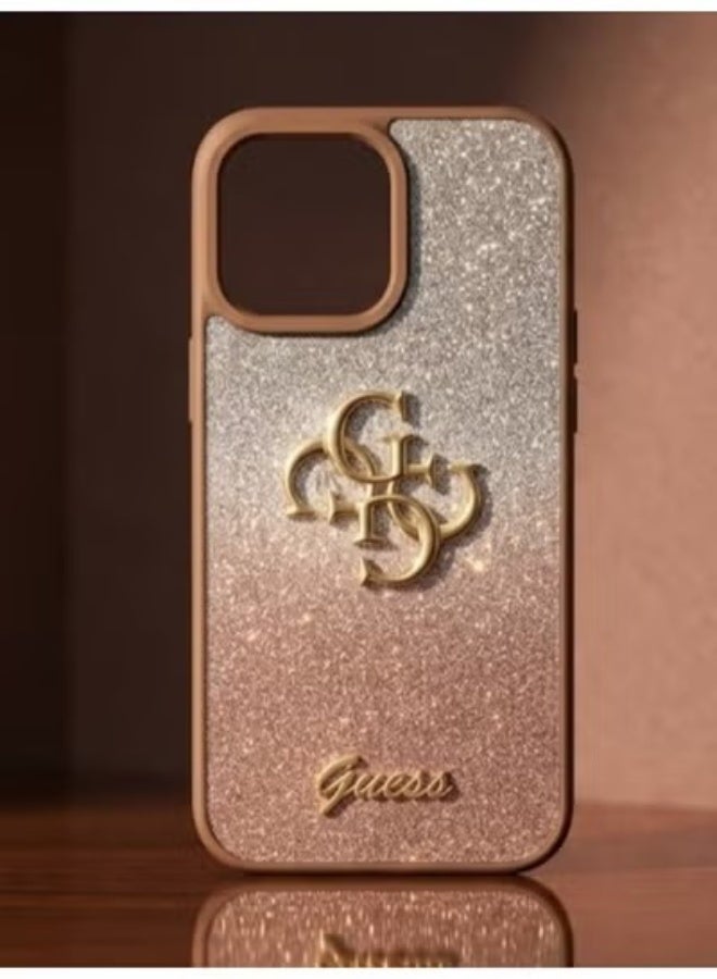 GUESS Luxury Glitter Back Case with Gold Logo for iPhone 16 Pro  – Elegant Brown Frame Shockproof Protective Cover - Image 2