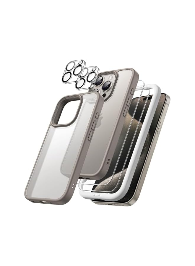 جي تيك حافظة JETech 5 في 1 غير لامعة لهاتف iPhone 15 Pro Max 6.7 بوصة مع عبوتين لكل واقي شاشة من الزجاج المقسى وواقي عدسة الكاميرا، غطاء هاتف خلفي شفاف مقاوم للصدمات (تيتانيوم طبيعي) - Image 1