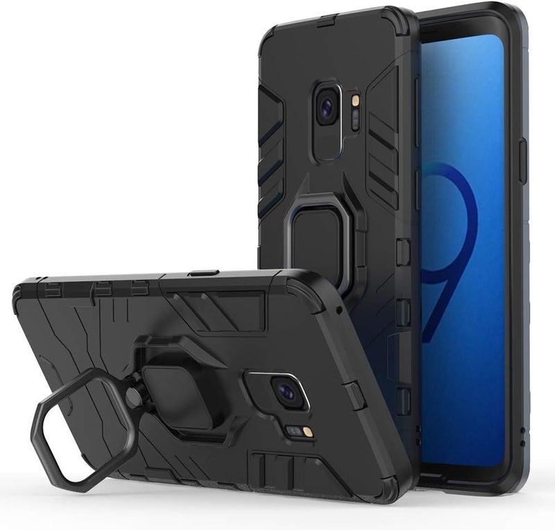 مايجين متوافق مع حافظة Galaxy S9، حلقة معدنية للمقبض وحامل صدمات مقاوم للصدمات (يعمل مع حامل السيارة المغناطيسي) غطاء متين مزدوج الطبقة لـ Samsung Galaxy S9 (أسود) - Image 1