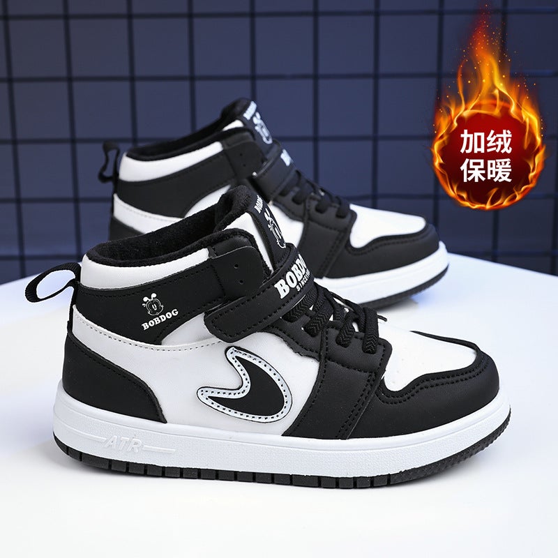 Babudou Boys' Shoes High-Top Sports Sneakers Boys' Trendy Fleece-Lined Warm Cotton Shoes - Image 1