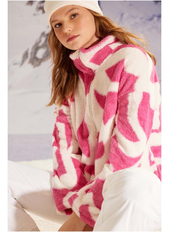 trendyol - Fuchsia Thick Fleece Patterned Zippered Stand-Up Collar Long Sleeve Knitted Sweatshirt TWOAW24SW00045 - Image 1