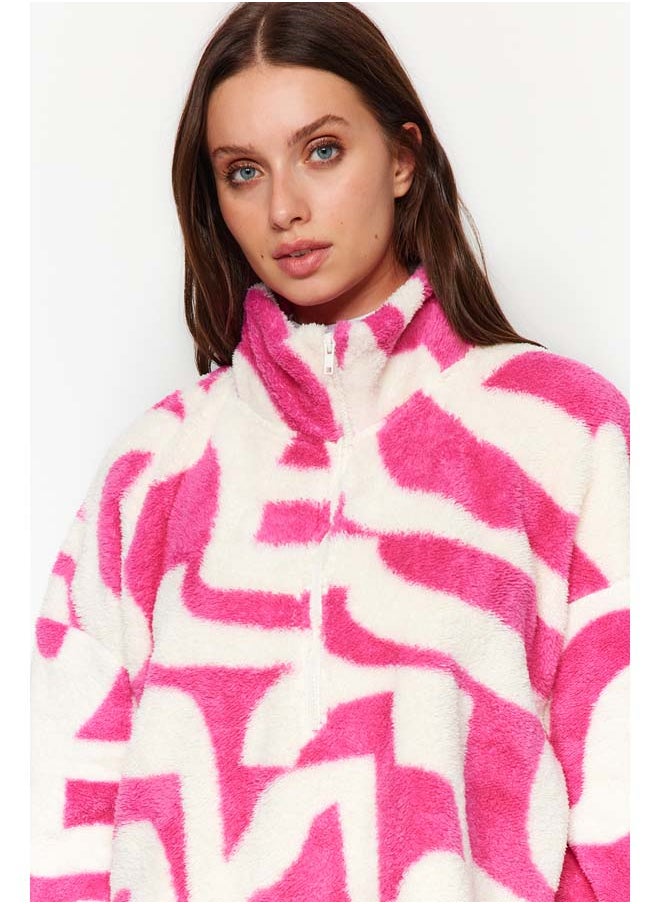 trendyol - Fuchsia Thick Fleece Patterned Zippered Stand-Up Collar Long Sleeve Knitted Sweatshirt TWOAW24SW00045 - Image 1