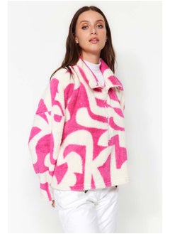 trendyol Fuchsia Thick Fleece Patterned Zippered Stand-Up Collar Long Sleeve Knitted Sweatshirt TWOAW24SW00045  - Image 4