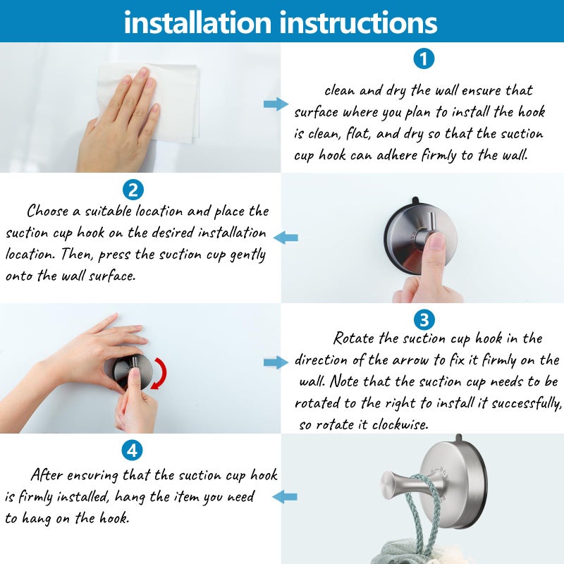 DGYB Suction Cup Hooks for Shower 2-Pcs Heavy-Duty 15LB Max Load, 304 Stainless Steel & PVC, No Drill Bathroom Wall Hooks for Towels, Robe, Loofah (Brush) - Image 5