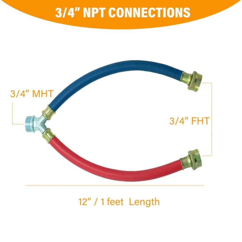 PEVEPEXE Hot Cold Washer Hose Rubber Y Mixer Plumbing Connector Burst Proof Water Line Hoses For All Washing Machine and Dryer, 3/4" Fittings, 1 FT Length - Image 2