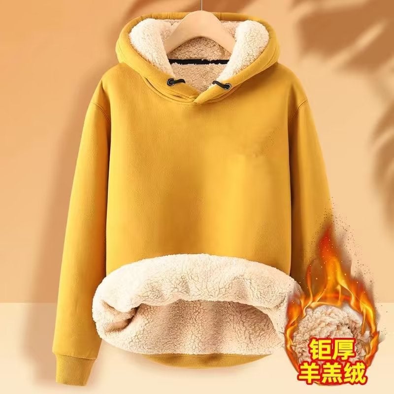 Hooded Sweatshirt Men'S Fleece-Lined Thickened Warm Loose Student Hooded Men'S Pullover Trendy Brand Instagram Lambskin Jacket - Image 3