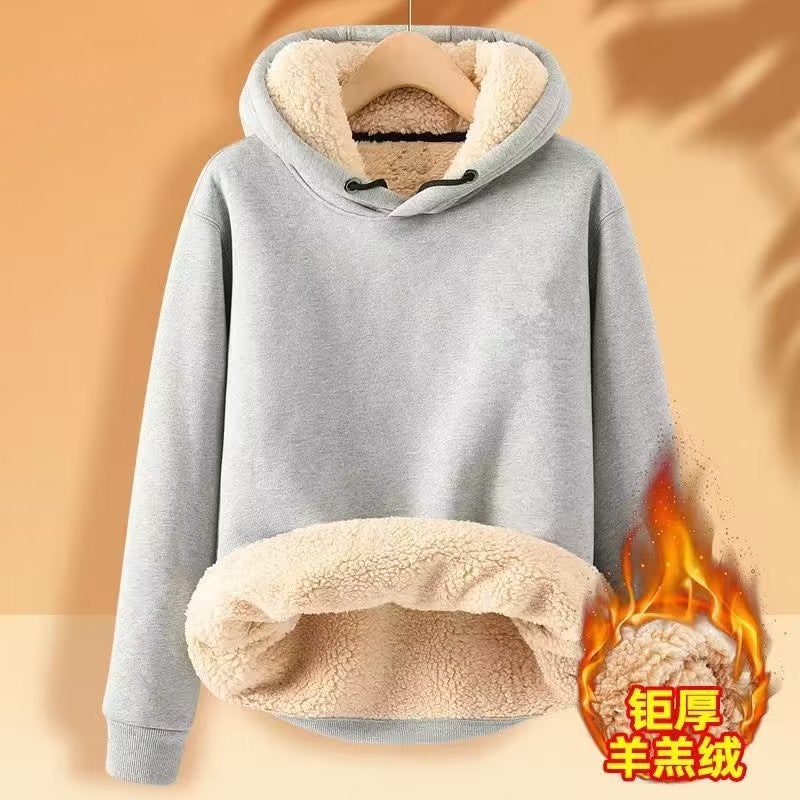 Hooded Sweatshirt Men'S Fleece-Lined Thickened Warm Loose Student Hooded Men'S Pullover Trendy Brand Instagram Lambskin Jacket - Image 1