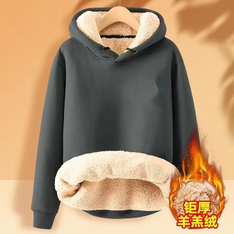 Hooded Sweatshirt Men'S Fleece-Lined Thickened Warm Loose Student Hooded Men'S Pullover Trendy Brand Instagram Lambskin Jacket - Image 5