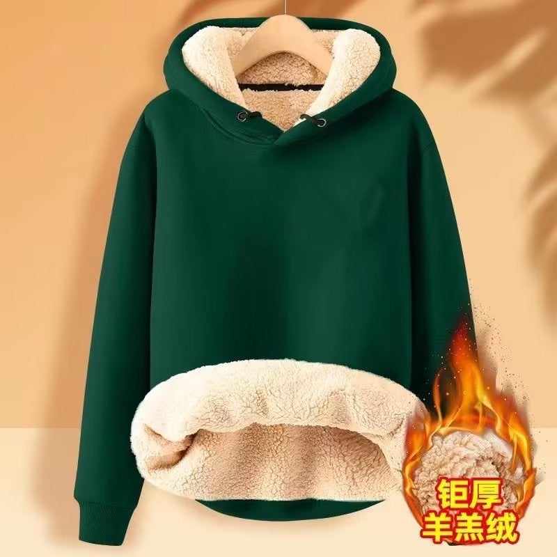 Hooded Sweatshirt Men'S Fleece-Lined Thickened Warm Loose Student Hooded Men'S Pullover Trendy Brand Instagram Lambskin Jacket - Image 2