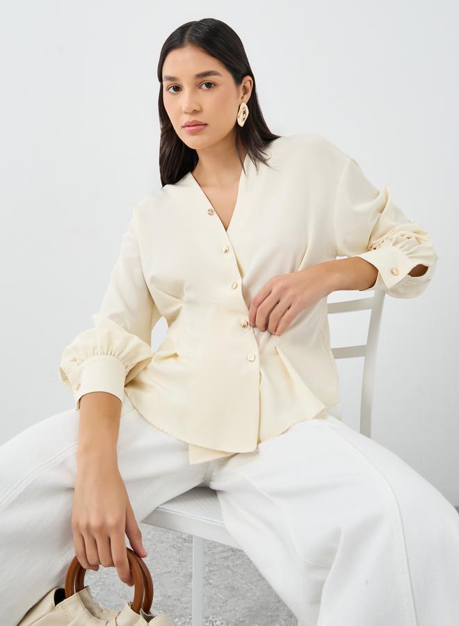 ستايلي قميص نسائي بيج بياقة  غير متماثلة وأزرار - Image 1