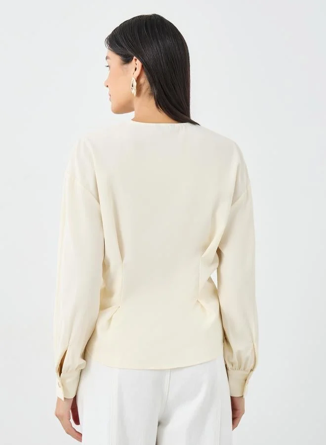 Styli Styli Women Beige Asymmetrical V Neck Button-Up Shirt