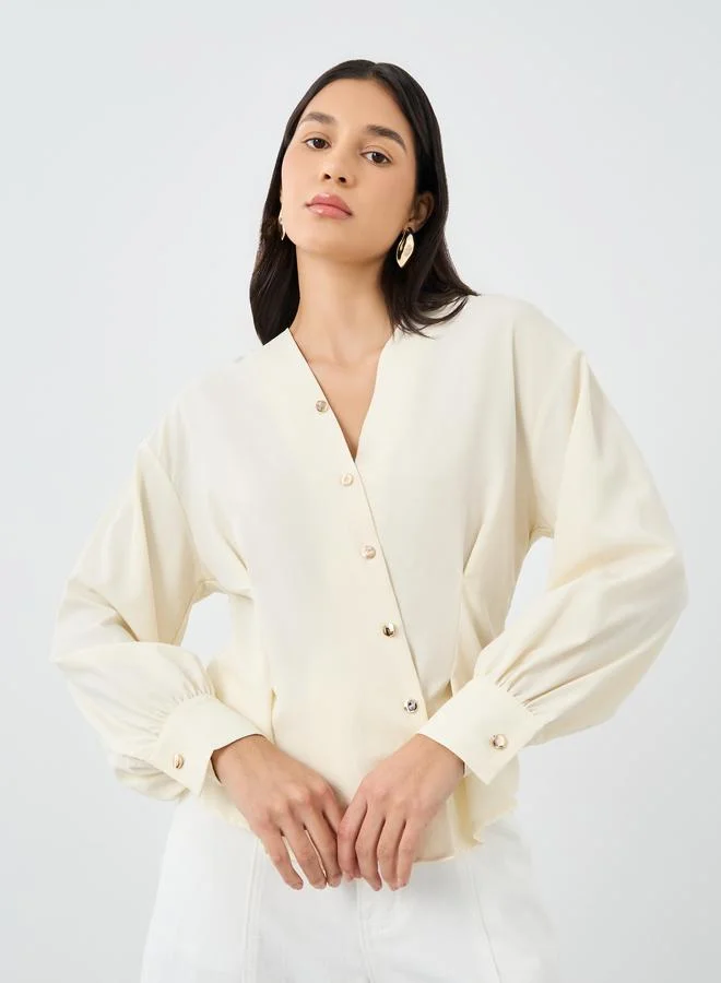 ستايلي قميص نسائي بيج بياقة  غير متماثلة وأزرار