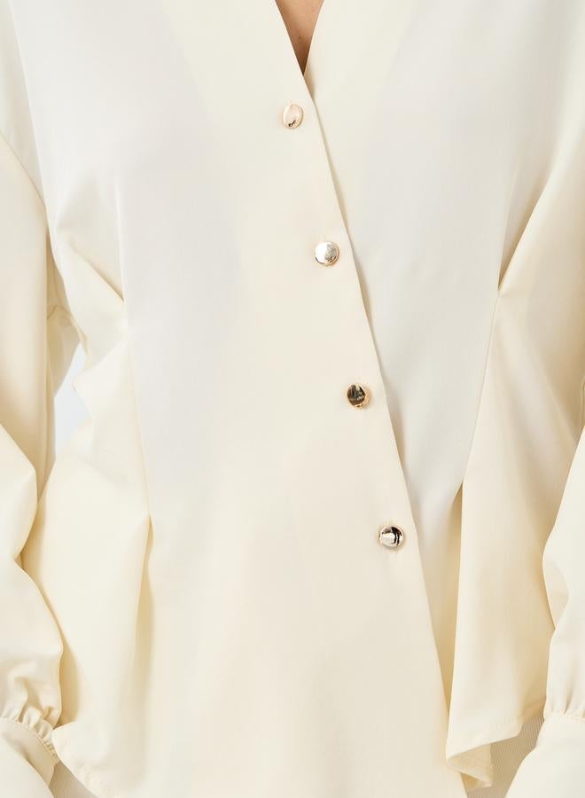 ستايلي قميص نسائي بيج بياقة  غير متماثلة وأزرار - Image 4