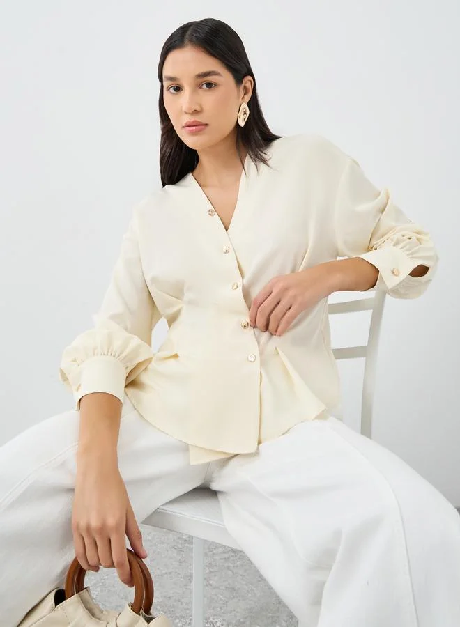 Styli Styli Women Beige Asymmetrical V Neck Button-Up Shirt
