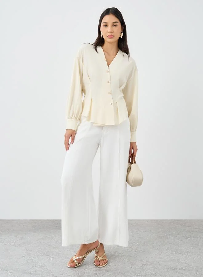 ستايلي قميص نسائي بيج بياقة  غير متماثلة وأزرار