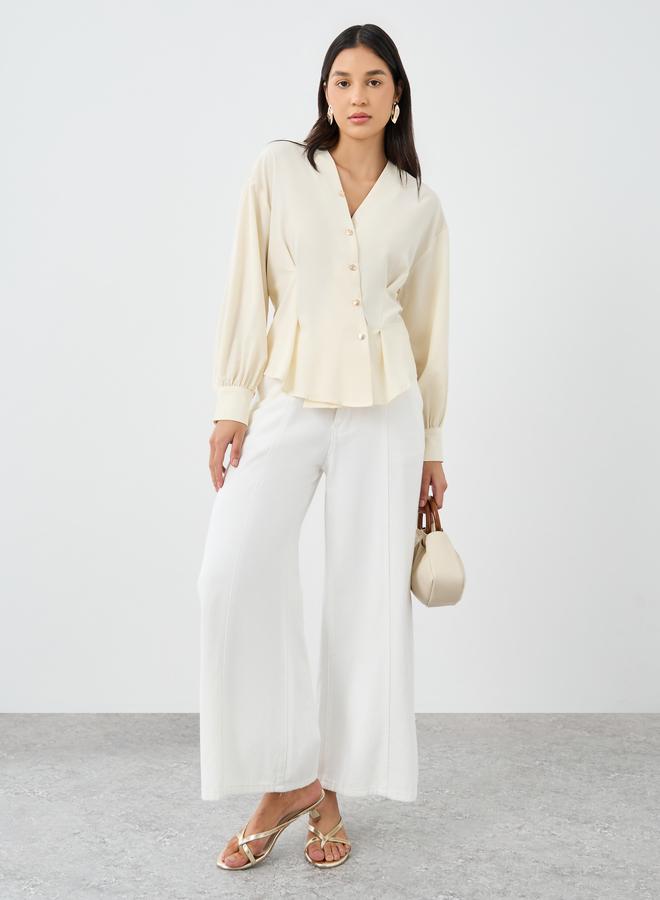 ستايلي قميص نسائي بيج بياقة  غير متماثلة وأزرار - Image 2