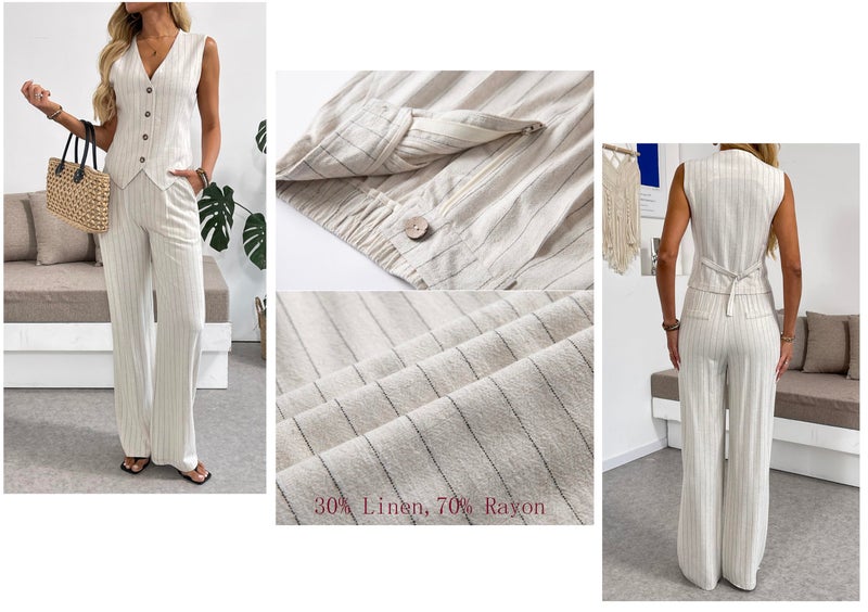 heipeiwa Women's 2 Piece Outfits Linen Vest Waistcoat Dressy Casual Sets Wide Leg Pants Suits - Image 5