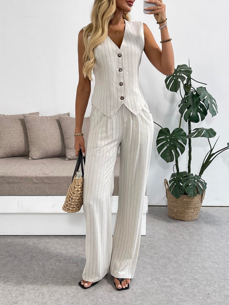 heipeiwa Women's 2 Piece Outfits Linen Vest Waistcoat Dressy Casual Sets Wide Leg Pants Suits - Image 4