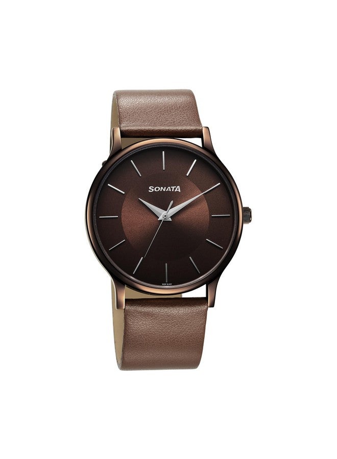 Sonata Aspire Quartz Analog Brown Dial Leather Strap Watch for Men-NS77105QL02W - Image 1