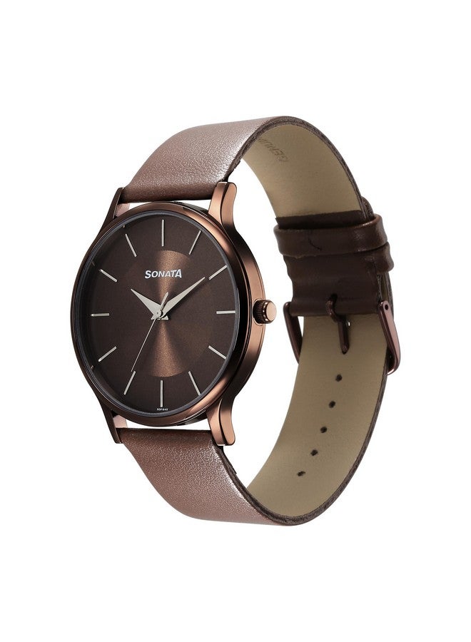 Sonata Aspire Quartz Analog Brown Dial Leather Strap Watch for Men-NS77105QL02W - Image 3