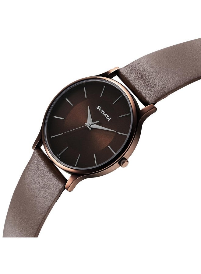 Sonata Aspire Quartz Analog Brown Dial Leather Strap Watch for Men-NS77105QL02W - Image 2