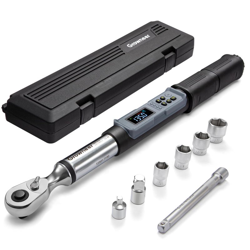 GROWNEER Digital Torque Wrench, 5-99.6 Ft-lbs/6.8-135 Nm, 3/8'' Drive Rachet Torque Wrench with Buzzer & Colorful LED Indicator, Electronic Torque Wrench Set for Bike Motorcycle Car Tire Auto Repair - Image 1