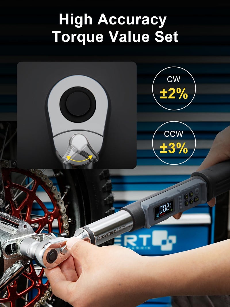 GROWNEER Digital Torque Wrench, 5-99.6 Ft-lbs/6.8-135 Nm, 3/8'' Drive Rachet Torque Wrench with Buzzer & Colorful LED Indicator, Electronic Torque Wrench Set for Bike Motorcycle Car Tire Auto Repair - Image 4