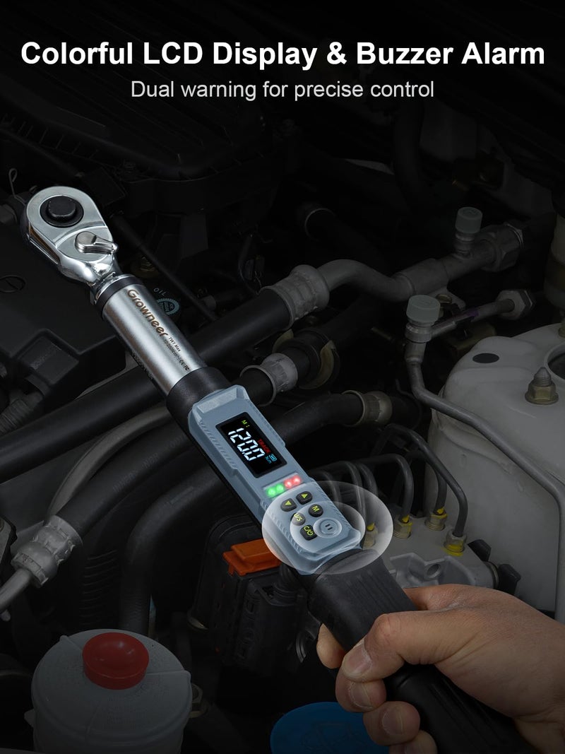 GROWNEER Digital Torque Wrench, 5-99.6 Ft-lbs/6.8-135 Nm, 3/8'' Drive Rachet Torque Wrench with Buzzer & Colorful LED Indicator, Electronic Torque Wrench Set for Bike Motorcycle Car Tire Auto Repair - Image 5