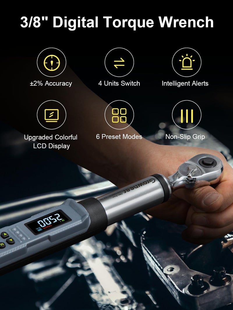 GROWNEER Digital Torque Wrench, 5-99.6 Ft-lbs/6.8-135 Nm, 3/8'' Drive Rachet Torque Wrench with Buzzer & Colorful LED Indicator, Electronic Torque Wrench Set for Bike Motorcycle Car Tire Auto Repair - Image 3