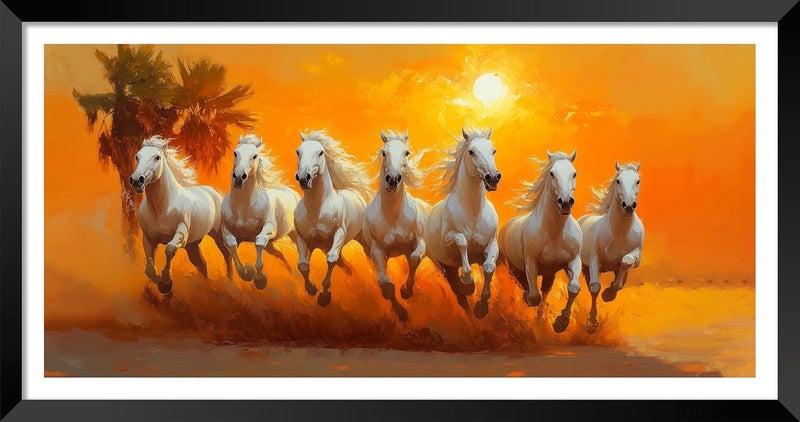 Canvas Pe لوحة قماشية 7 خيول 14x26 بوصة عمل فني مؤطر للغرفة المعيشية والمكتب مقاوم للماء ومغلف - Image 1