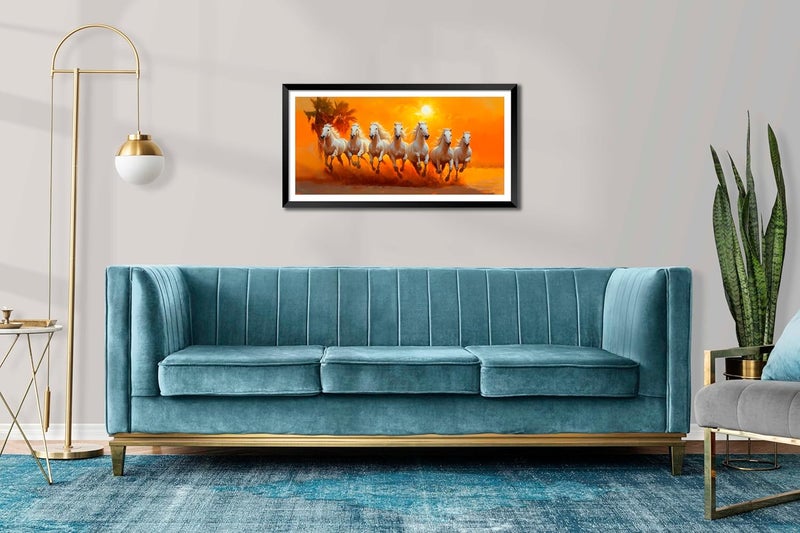 Canvas Pe لوحة قماشية 7 خيول 14x26 بوصة عمل فني مؤطر للغرفة المعيشية والمكتب مقاوم للماء ومغلف - Image 2