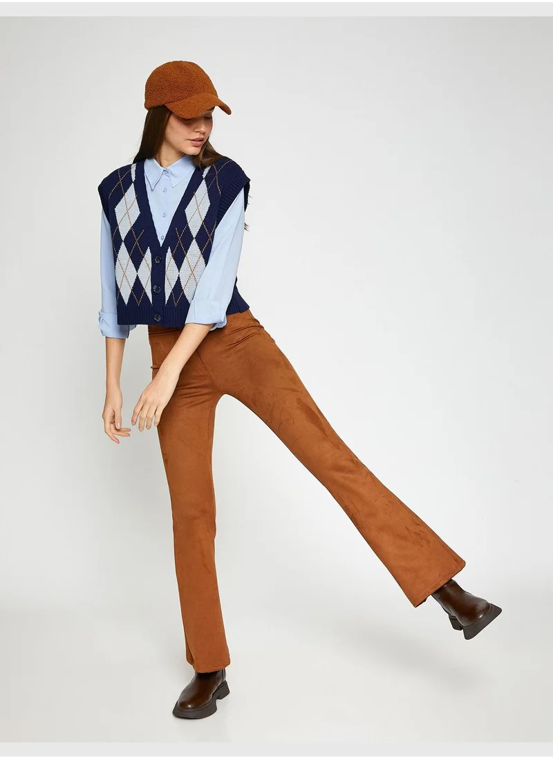 كوتون Flare Leg Trousers Faux Suede Button Detail