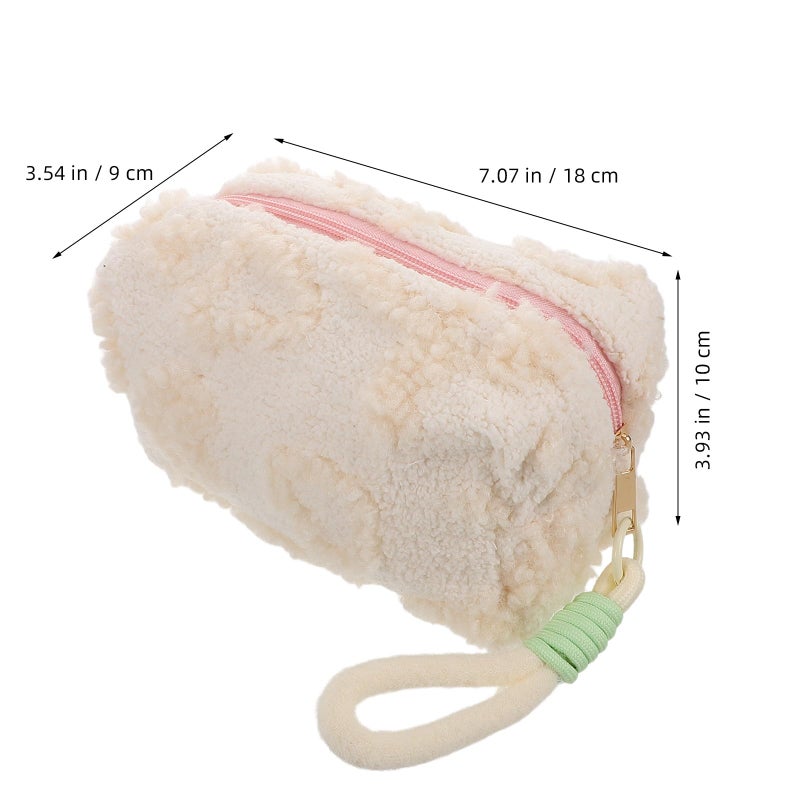 Large Capacity Plush Travel Makeup Bag Beige Cosmetic Organizer Pouch With Handle - Image 3