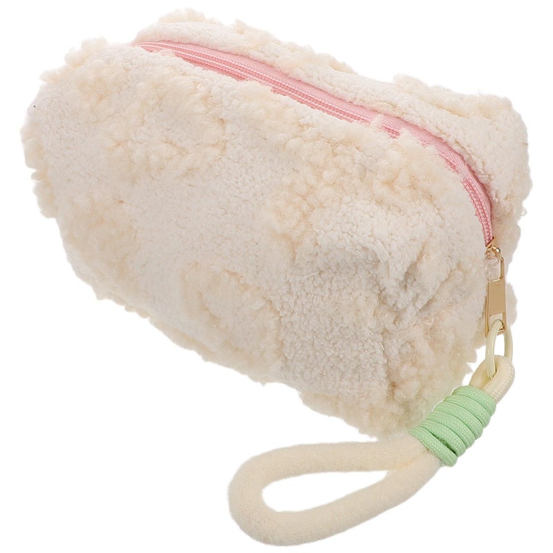 Large Capacity Plush Travel Makeup Bag Beige Cosmetic Organizer Pouch With Handle - Image 2