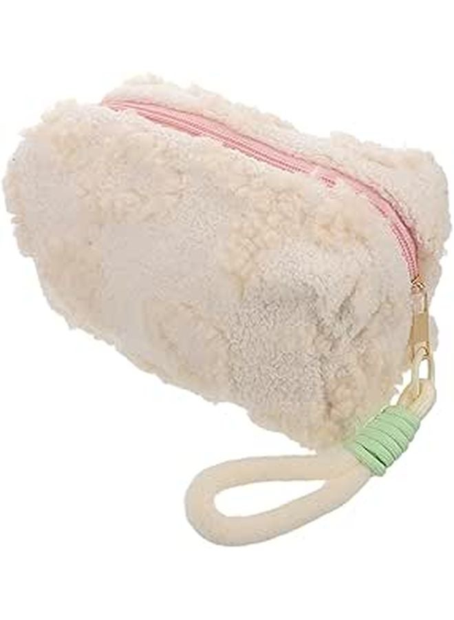 Large Capacity Plush Travel Makeup Bag Beige Cosmetic Organizer Pouch With Handle - Image 1
