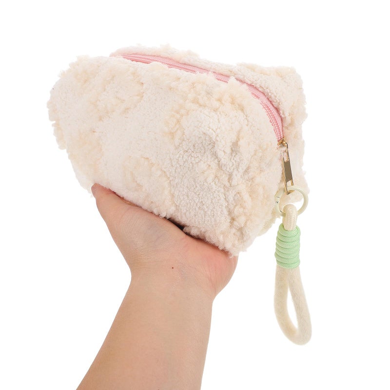Large Capacity Plush Travel Makeup Bag Beige Cosmetic Organizer Pouch With Handle - Image 5