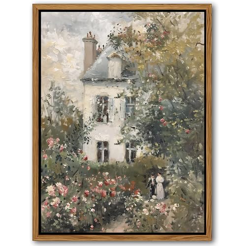 AKWISH Floating Framed Canvas Vintage Wall Art, Neutral English Cottage Rose Garden Oil Paintings Print, Spring Pictures Wall Decor for Living Room Hallway Bedroom Office Rustic Decor 12x16 inch - Image 1