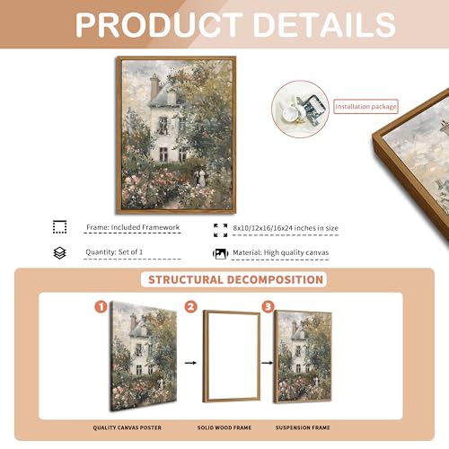 AKWISH Floating Framed Canvas Vintage Wall Art, Neutral English Cottage Rose Garden Oil Paintings Print, Spring Pictures Wall Decor for Living Room Hallway Bedroom Office Rustic Decor 12x16 inch - Image 5