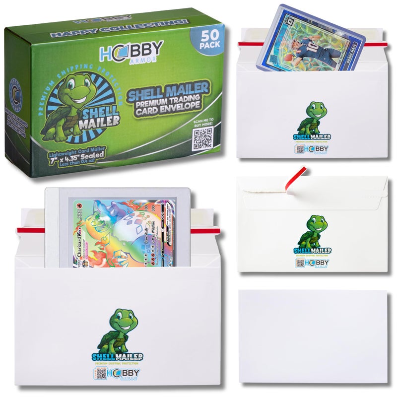 Hobby Armor 50 Pack Shell Mailer Trading Card Envelopes by Hobby Armor, 7" x 4.35" Trading Card Mailers for Shipping, Perfect Sized Shipping Envelope for Mailing Semi-Rigid and Toploaders, Protector Supplies - Image 1