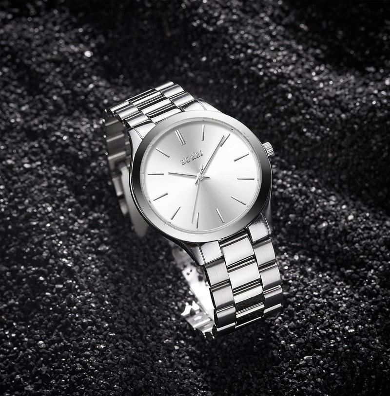 BUREI Men's Watch, Fashion Analog Quartz, Dress Business Stainless Steel Waterproof，Watch for Men (Silver) - Image 2