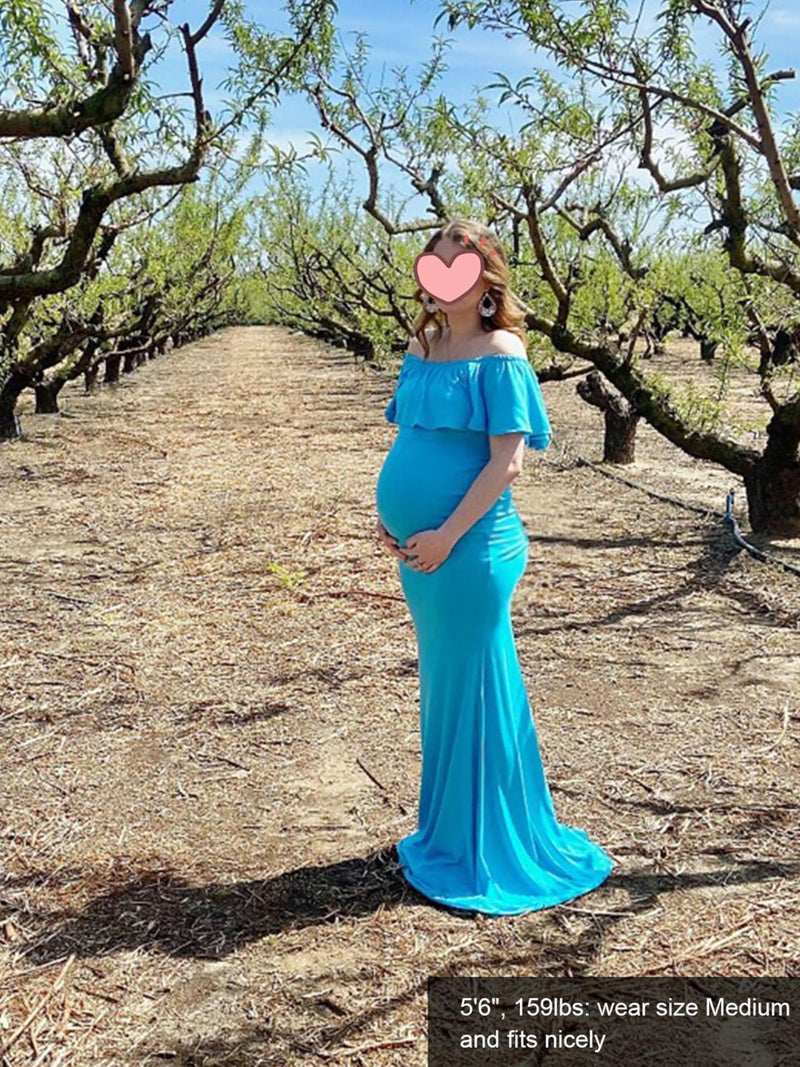 Glampunch Womens Off Shoulder Maternity Dress Ruffles Elegant Slim Gowns Fit Maxi Photography Dress Sky Blue - Image 4