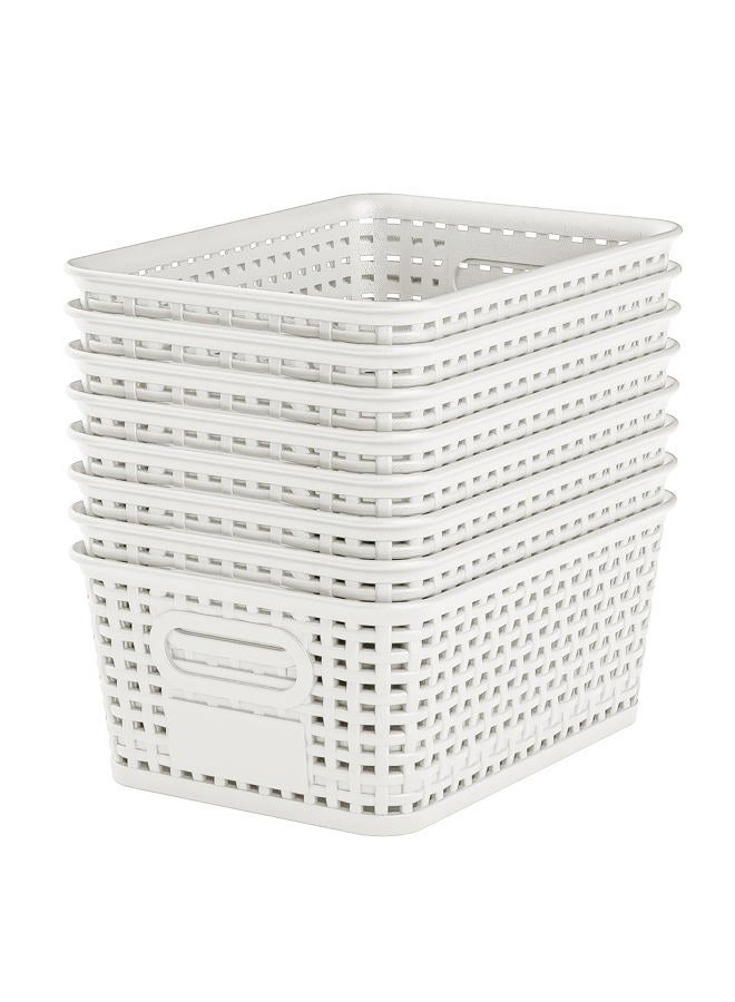 WRRLORS White Plastic Storage Baskets - Pack of 8 with Labels Stackable Durable Storage Bins, Storage Containers for Organizing Desktops, Closets, Playrooms, Classrooms, Offices - Image 1
