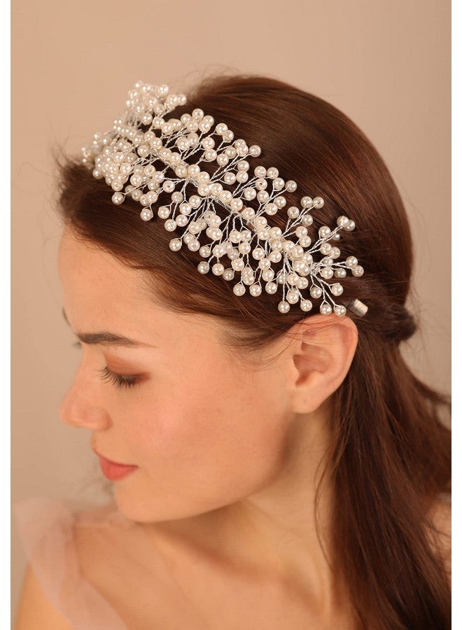 BERYUAN Pearls Wedding Headpiece Women White Vintage Pearl Tiara Crown Hairbands Pealrs Silver Bride Headband Wedding Hair Accessories For Brides Bridesmaid - Image 3