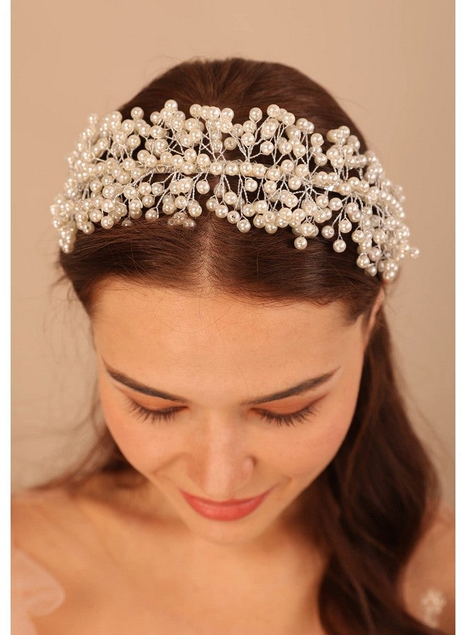 BERYUAN Pearls Wedding Headpiece Women White Vintage Pearl Tiara Crown Hairbands Pealrs Silver Bride Headband Wedding Hair Accessories For Brides Bridesmaid - Image 2