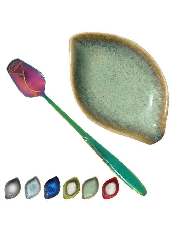 TOPYOKK Coffee Spoon and Rest for Coffee Bar Accessories, Leaf Small Spoon Rest for Coffee Station, Tea Spoon Rest Tea Spoon Holder Teaspoon Rest, 1 PC (Retro Mist Green with Rainbow Rose Spoon) - Image 1