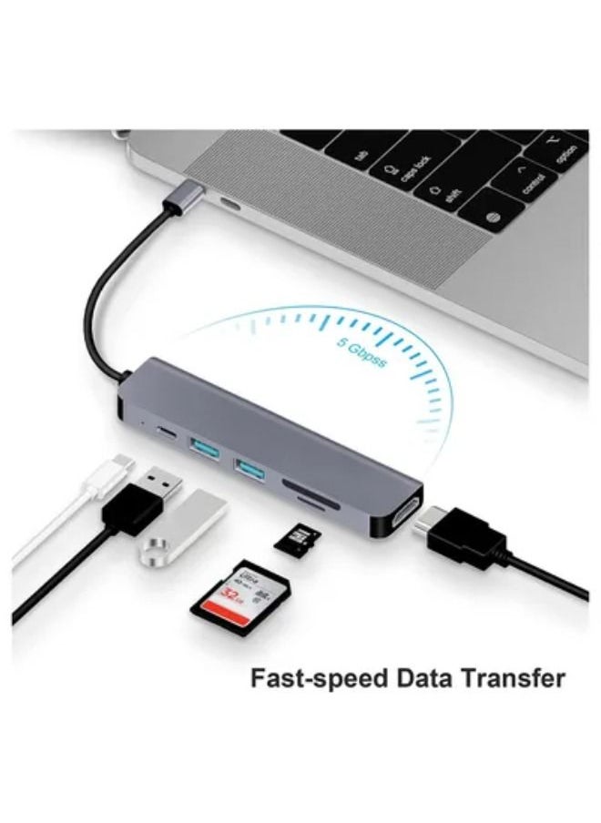 SHOPI - 6 in 1 Type C to HDMI Multiport Adapter with HDMI 4K Output, 2 USB Ports, SD/TF Card Reader, USB-C Power Delivery - Image 1