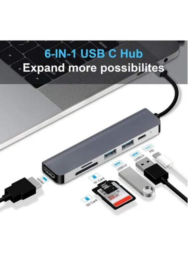 SHOPI - 6 in 1 Type C to HDMI Multiport Adapter with HDMI 4K Output, 2 USB Ports, SD/TF Card Reader, USB-C Power Delivery - Image 1